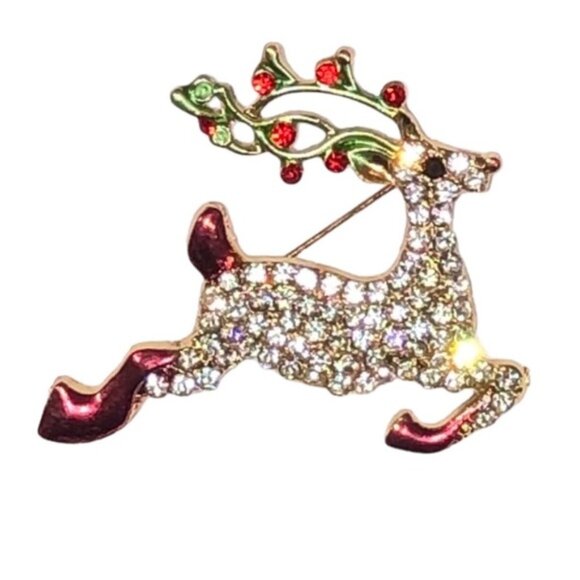 NEW Sparkling RHINESTONE Flying Reindeer CHRISTMAS Brooch With Red Accents - Picture 2 of 9